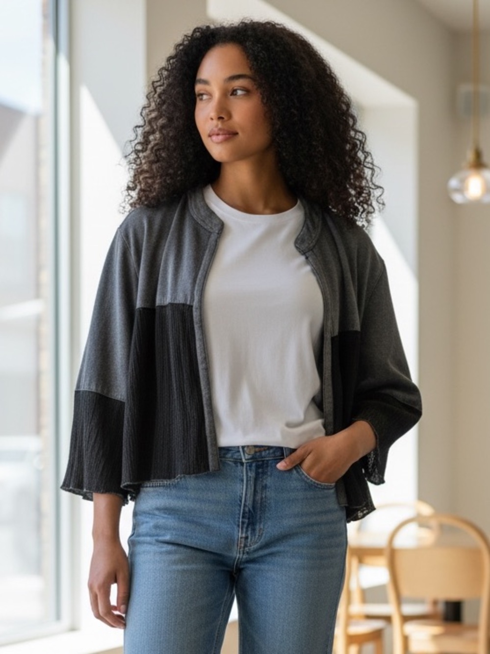 “The Evie” Two-Tone Gray & Black Cropped Cardigan Sweater